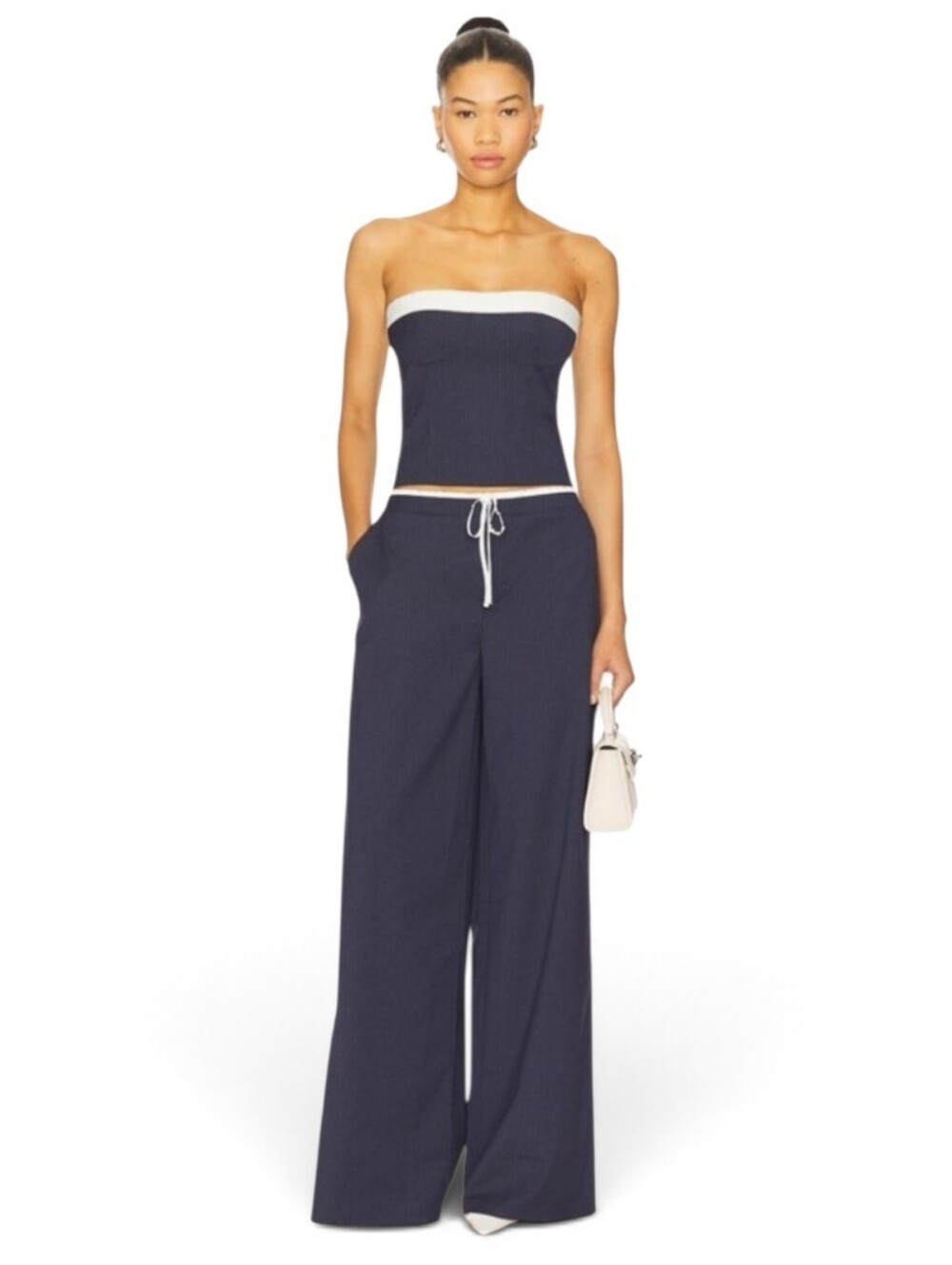 Lovers + Friends Ashley Navy Ribbed Strapless Tube Top with White Trim.
